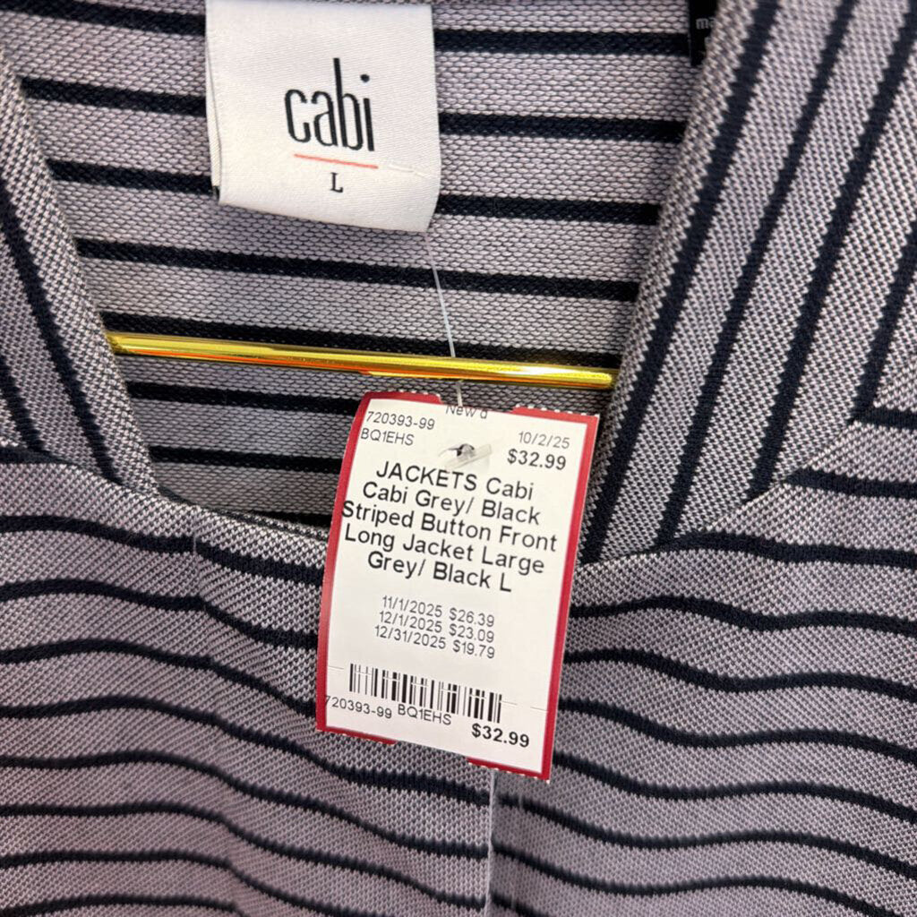Cabi Grey/ Black Striped Button Front Long Jacket Large