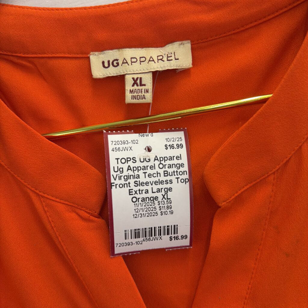 Ug Apparel Orange Virginia Tech Button Front Sleeveless Top Extra Large