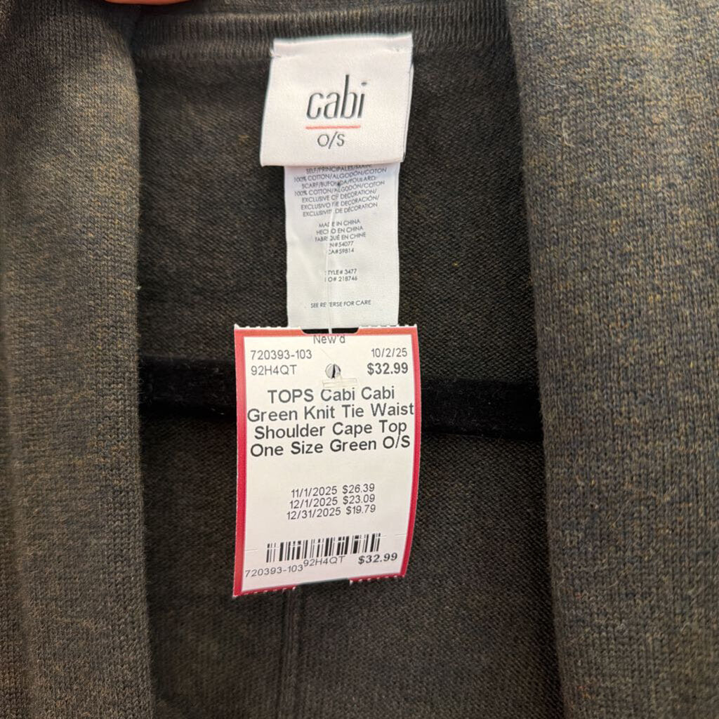 Cabi Green Knit Tie Waist Shoulder Cape Top One Size