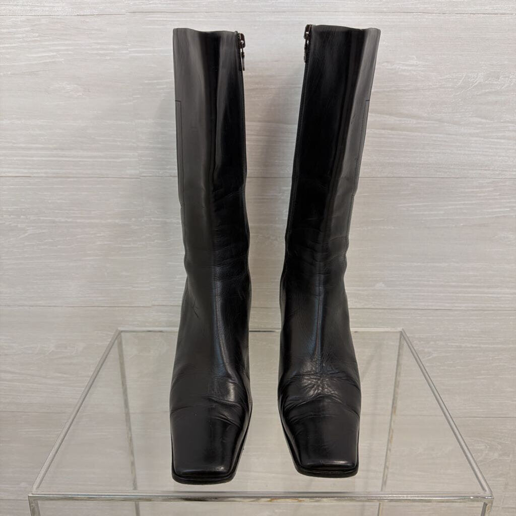 Prada Black Leather Square Toe Calf Zip Side Boots 39
