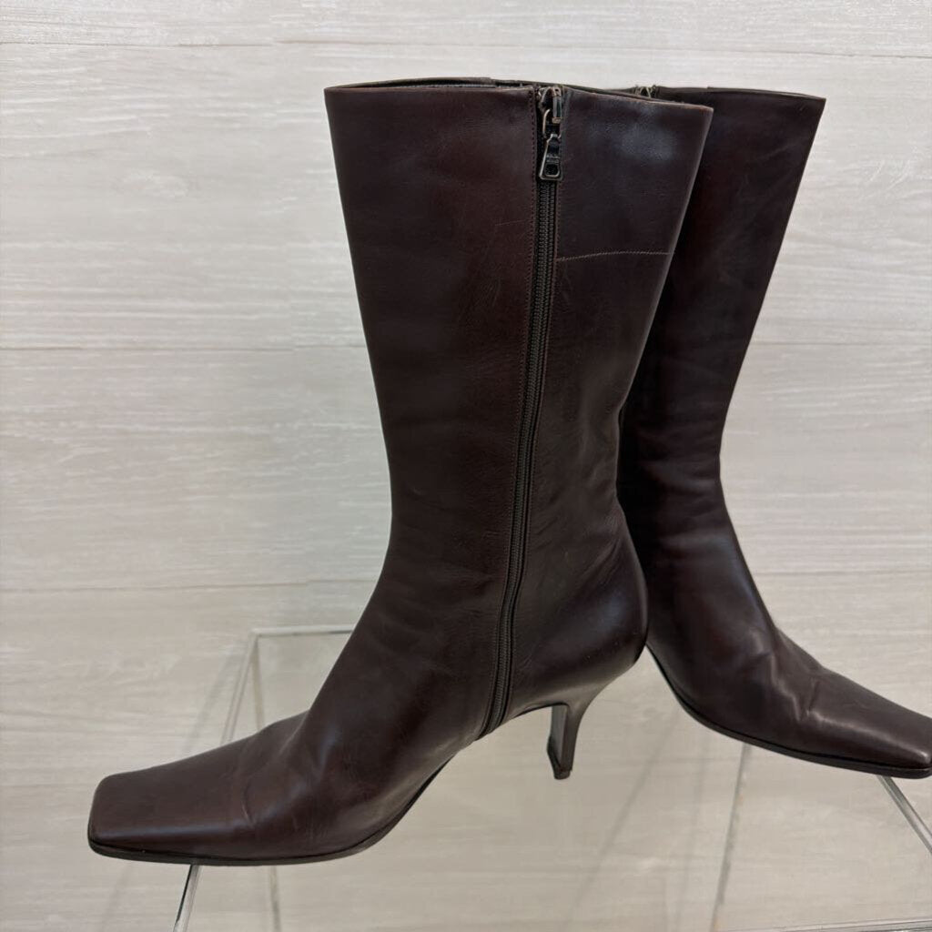 Prada Brown Leather Square Toe Calf Zip Side Boots 39