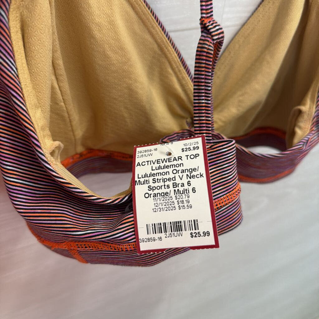 Lululemon Orange/ Multi Striped V Neck Sports Bra 6