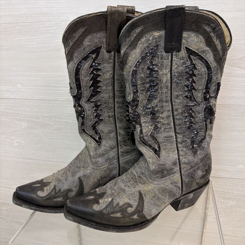 Corral Grey Leather Black Sequin Cowgirl Boots 8.5