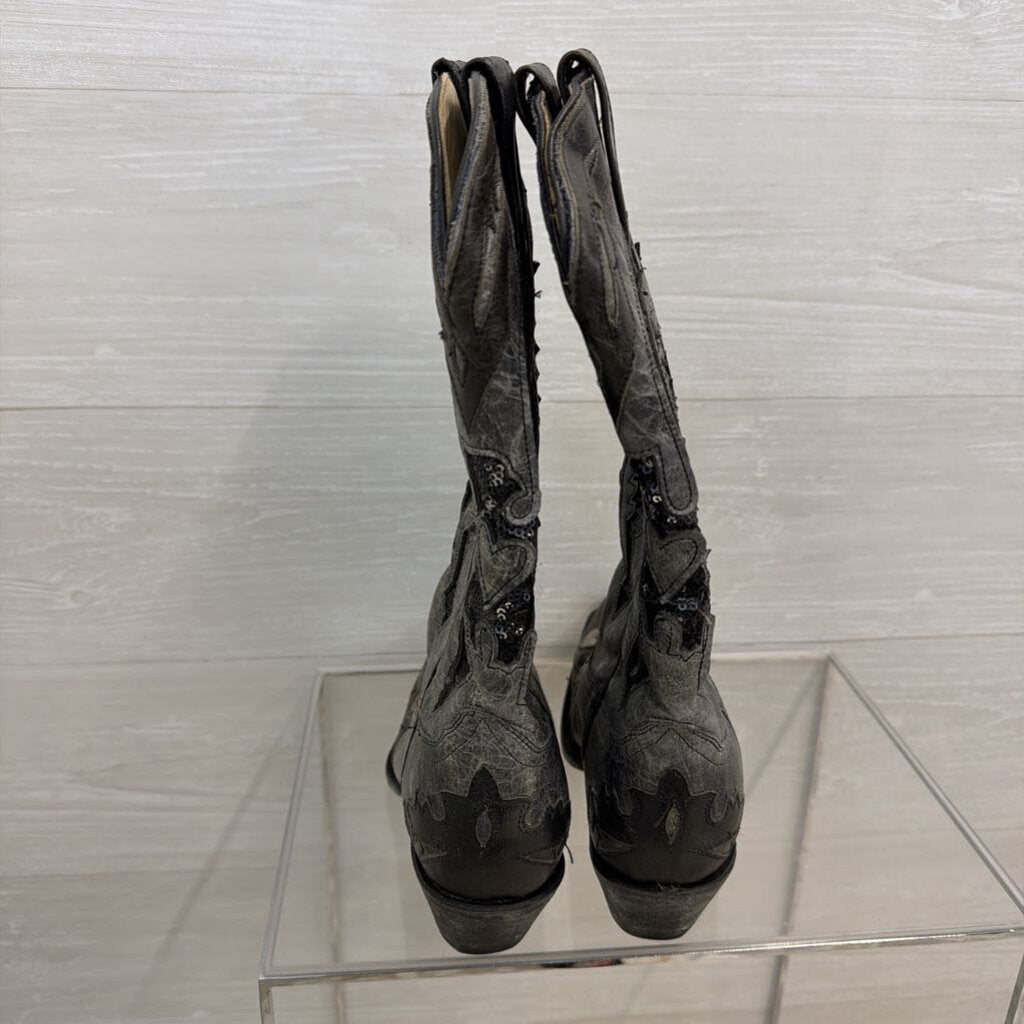Corral Grey Leather Black Sequin Cowgirl Boots 8.5