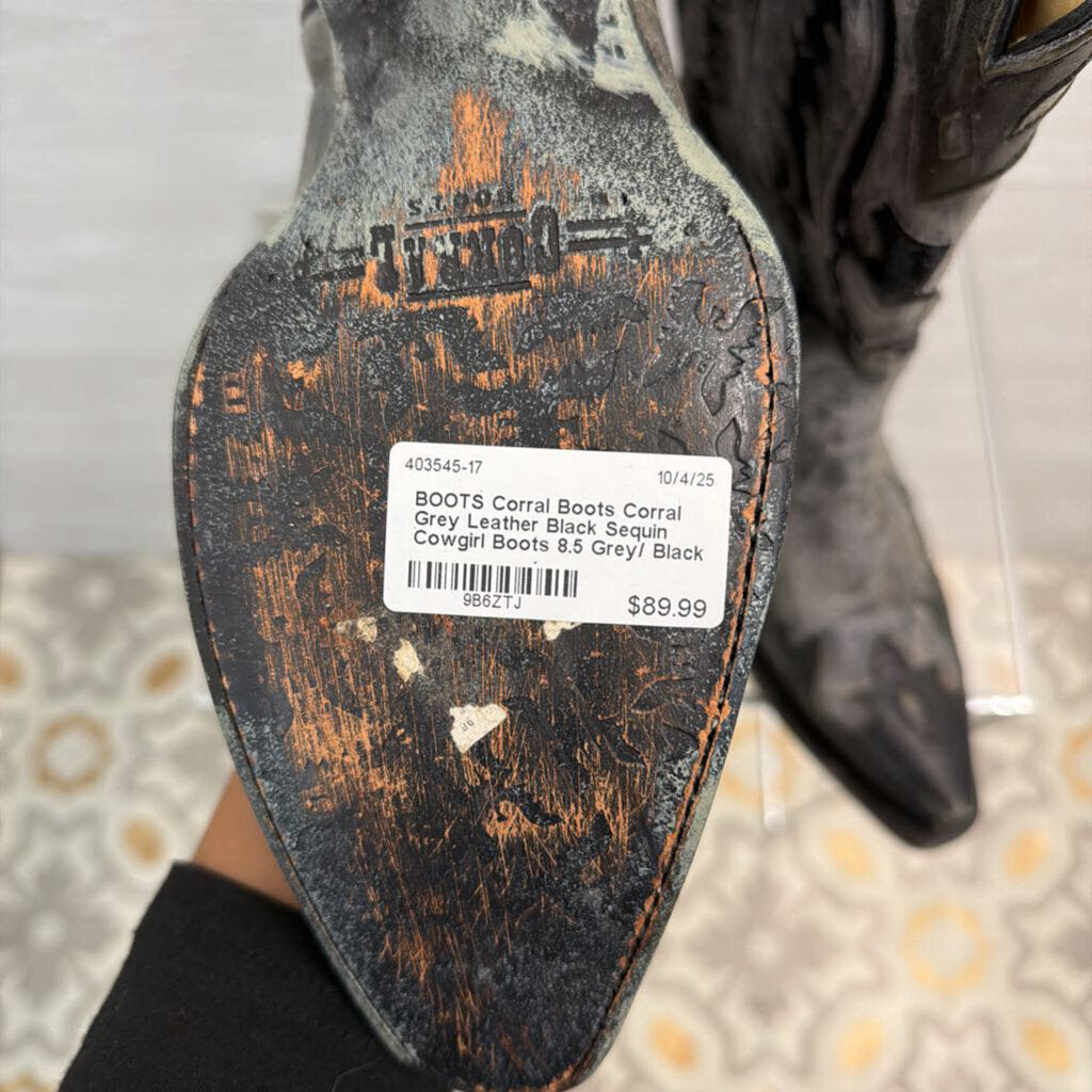 Corral Grey Leather Black Sequin Cowgirl Boots 8.5