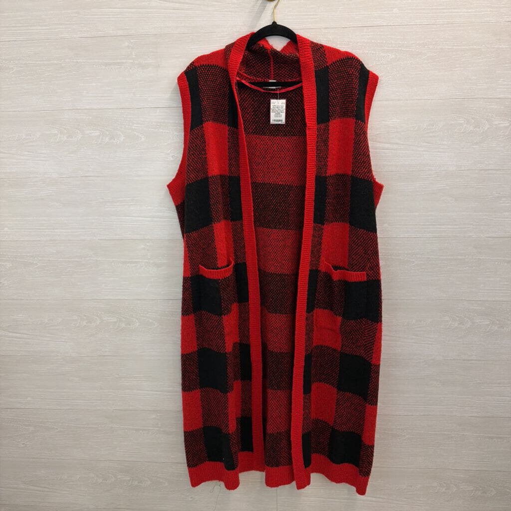 Cato Red/ Black Knit Gingham Open Front Sleeveless Duster 18/20W