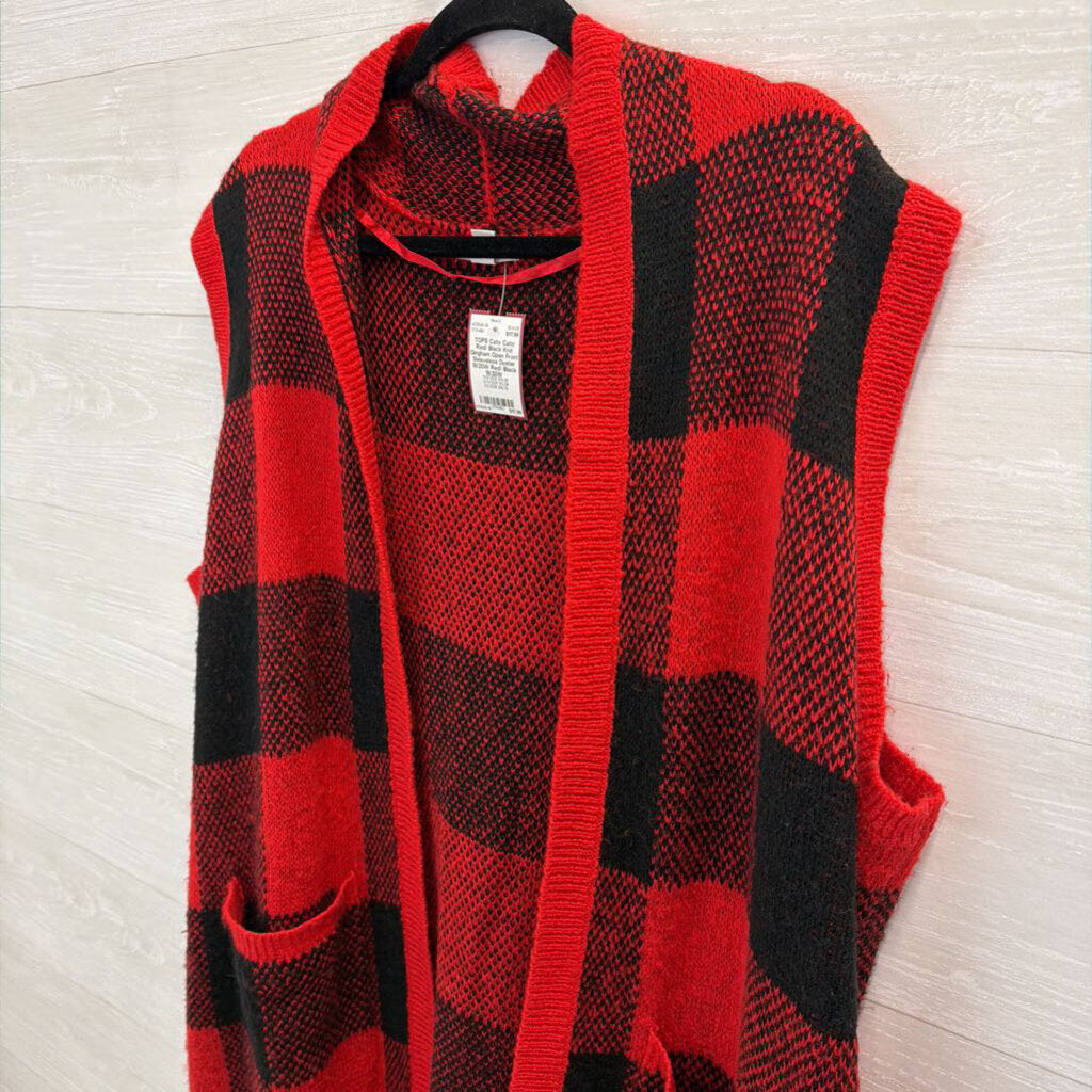 Cato Red/ Black Knit Gingham Open Front Sleeveless Duster 18/20W