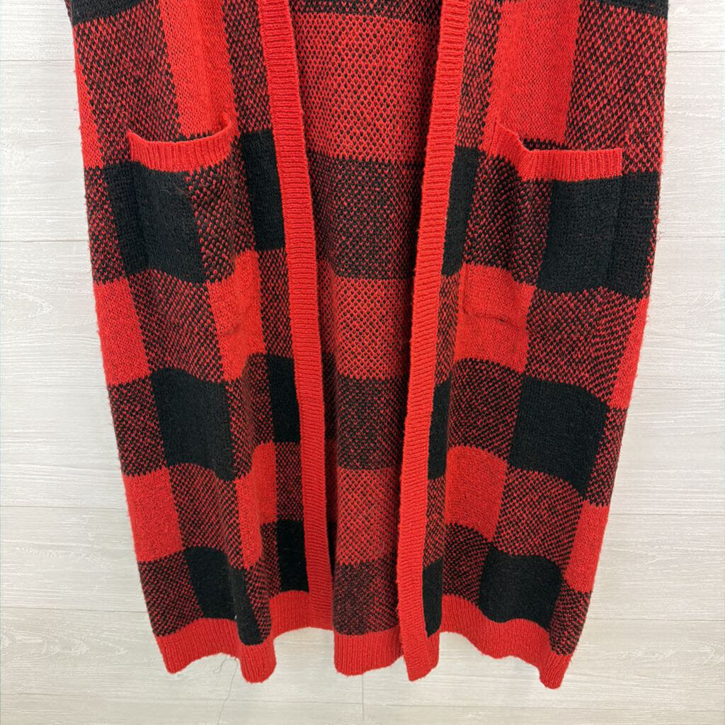 Cato Red/ Black Knit Gingham Open Front Sleeveless Duster 18/20W