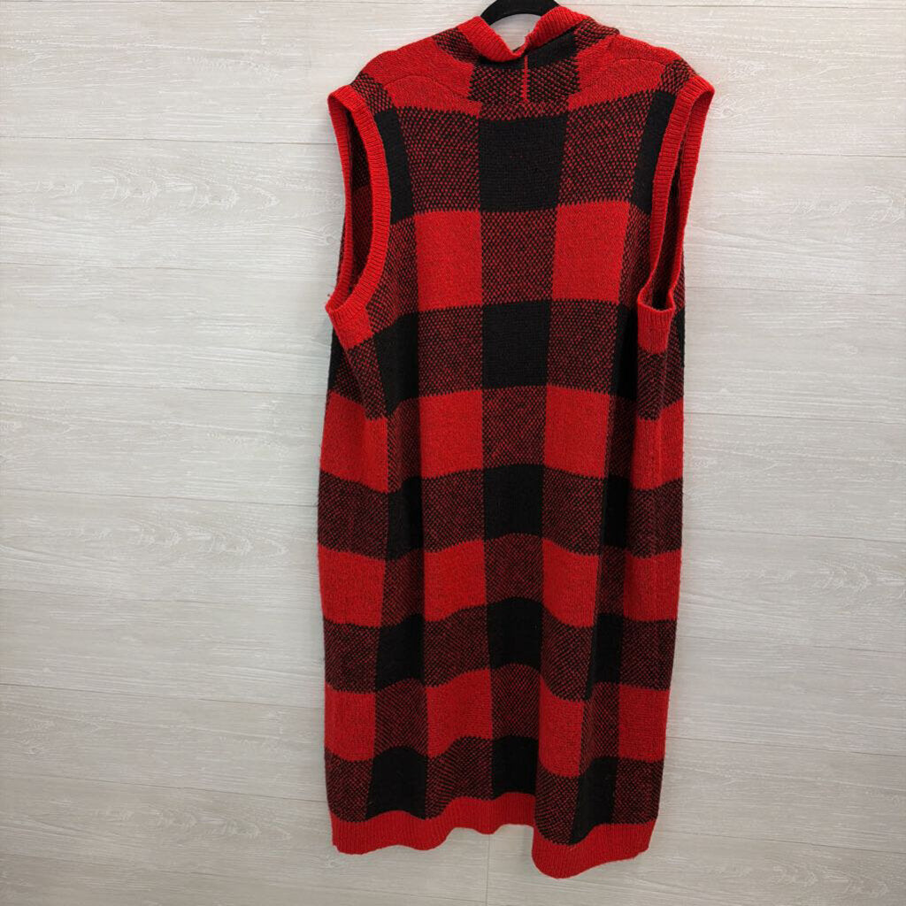 Cato Red/ Black Knit Gingham Open Front Sleeveless Duster 18/20W
