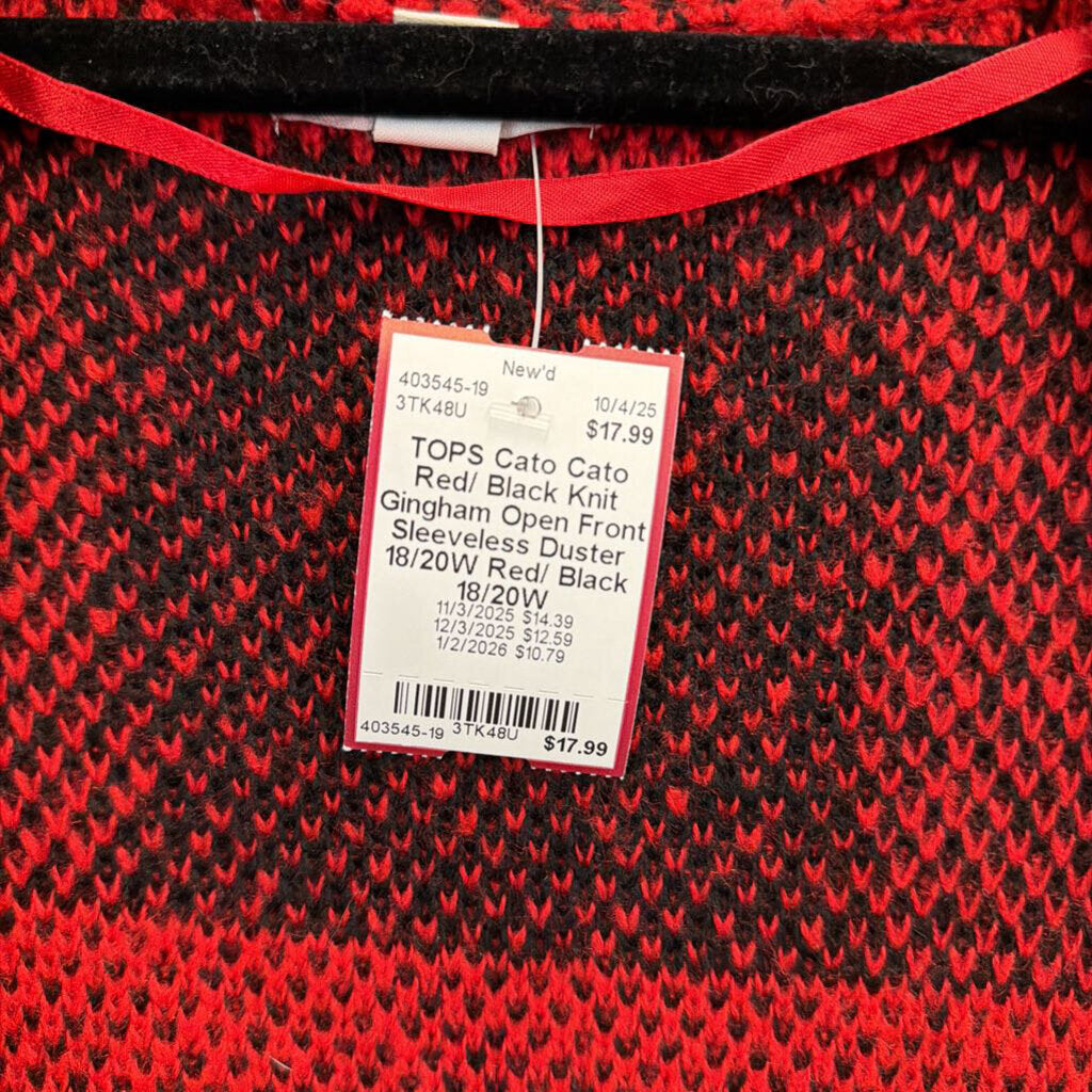 Cato Red/ Black Knit Gingham Open Front Sleeveless Duster 18/20W