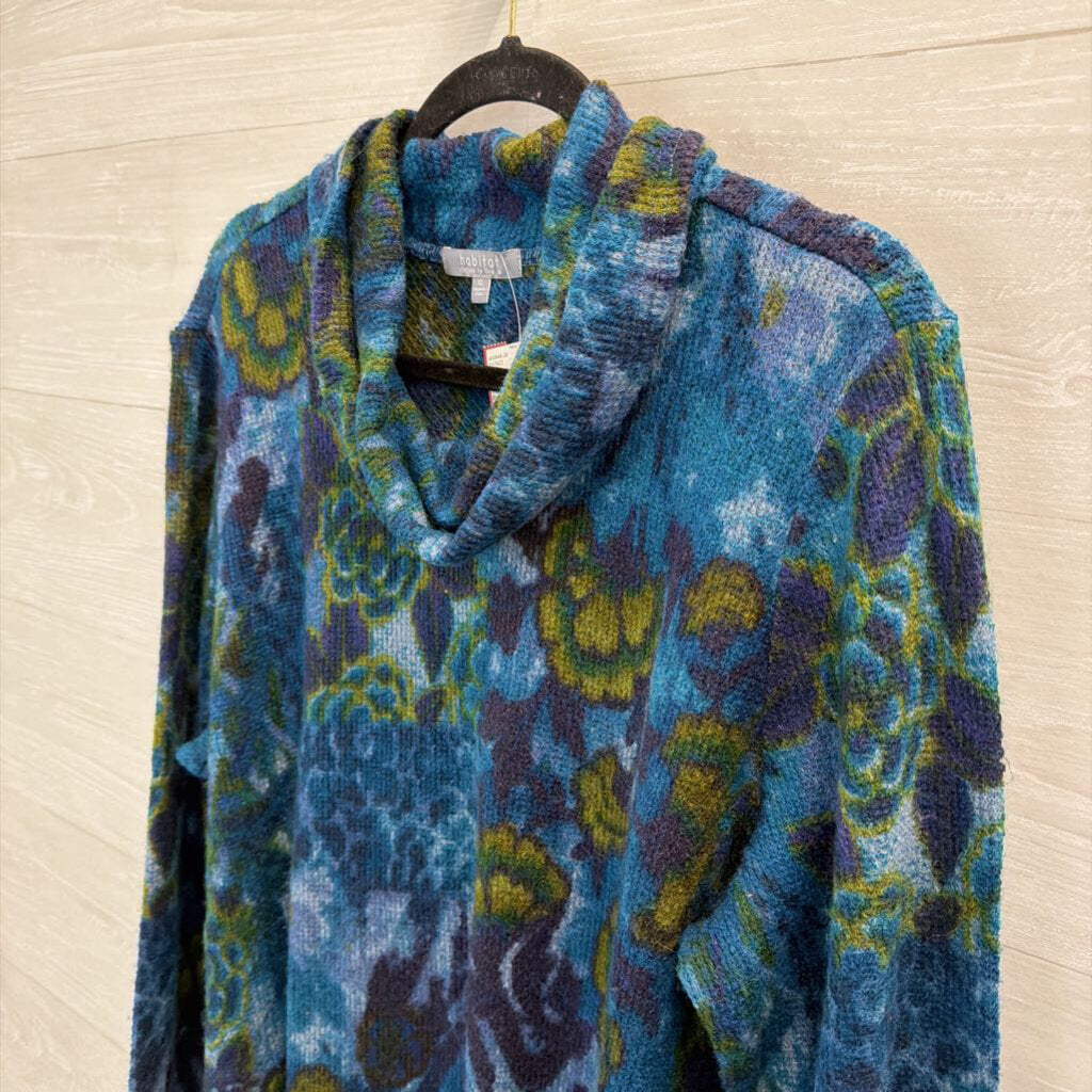 Habitat Blue/ Green Print Knit Turtleneck Sweater Extra Large