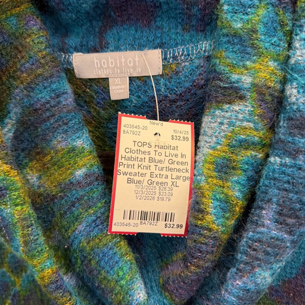 Habitat Blue/ Green Print Knit Turtleneck Sweater Extra Large