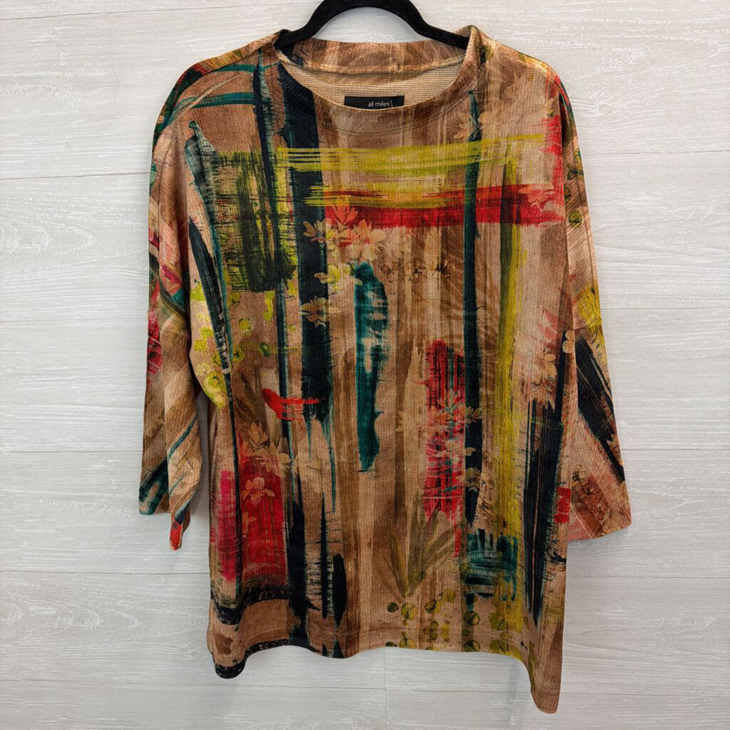 Ali Miles Brown/ Multi Print Soft Long Sleeve Top 2X