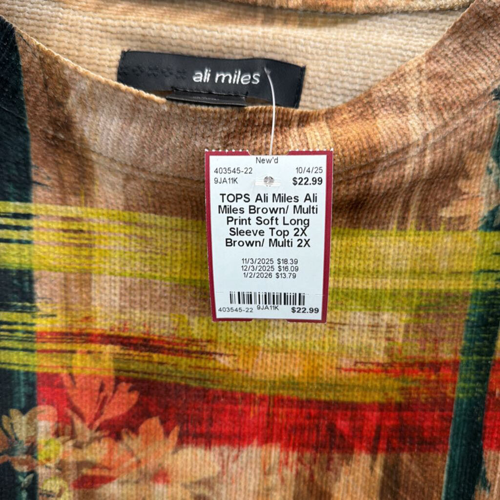 Ali Miles Brown/ Multi Print Soft Long Sleeve Top 2X
