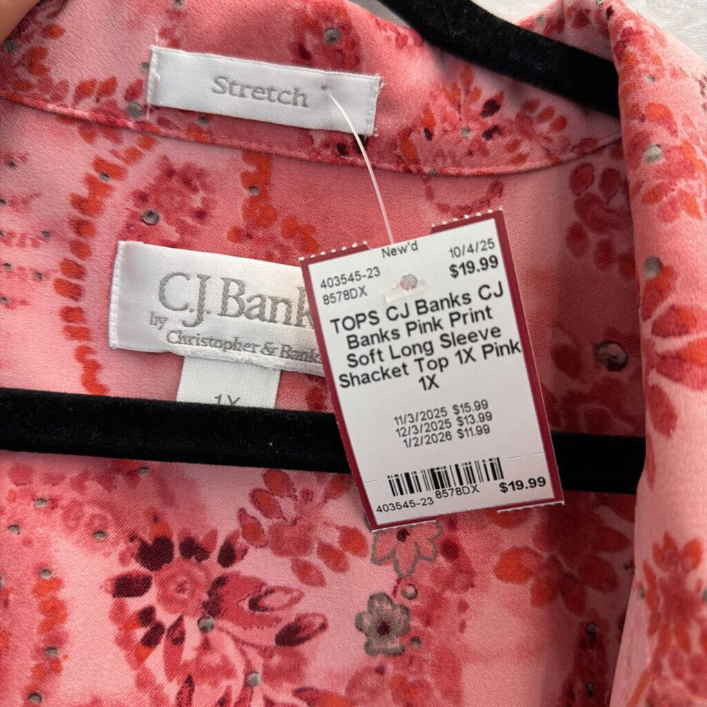 CJ Banks Pink Print Soft Long Sleeve Shacket Top 1X