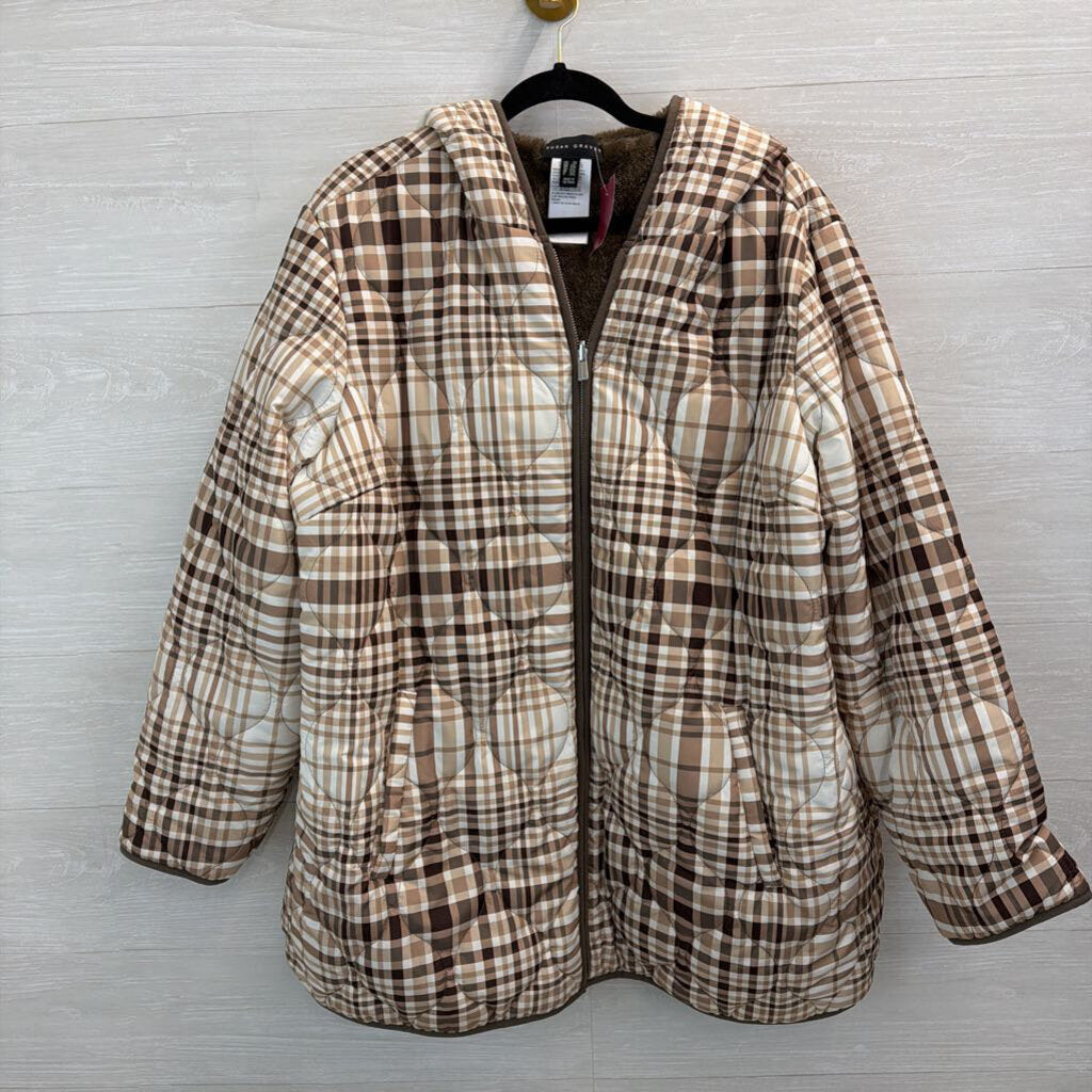 Susan Graver Brown/ White Plaid Quilted Fleece Lined Hooded Jacket 2X