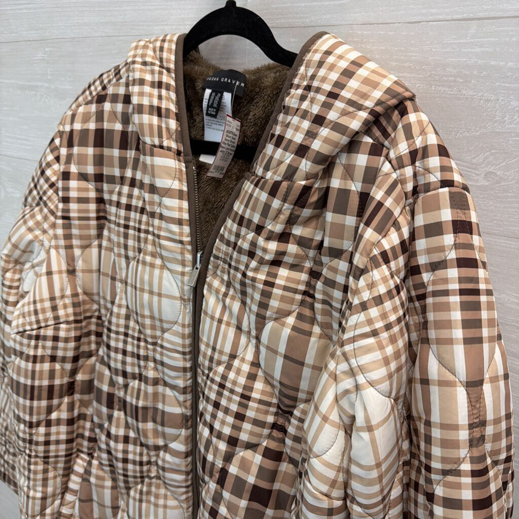 Susan Graver Brown/ White Plaid Quilted Fleece Lined Hooded Jacket 2X