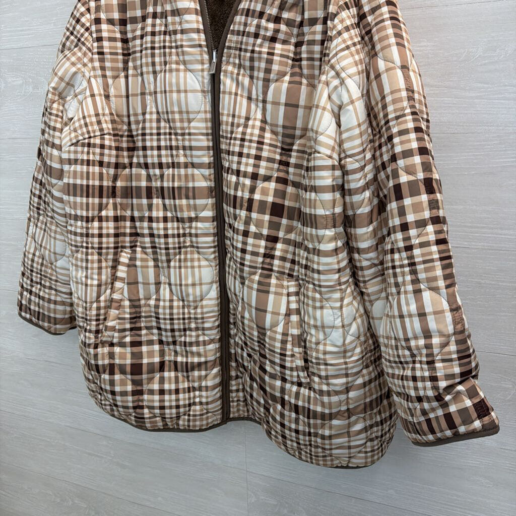 Susan Graver Brown/ White Plaid Quilted Fleece Lined Hooded Jacket 2X