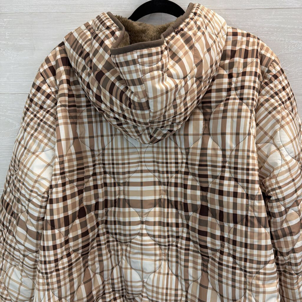 Susan Graver Brown/ White Plaid Quilted Fleece Lined Hooded Jacket 2X