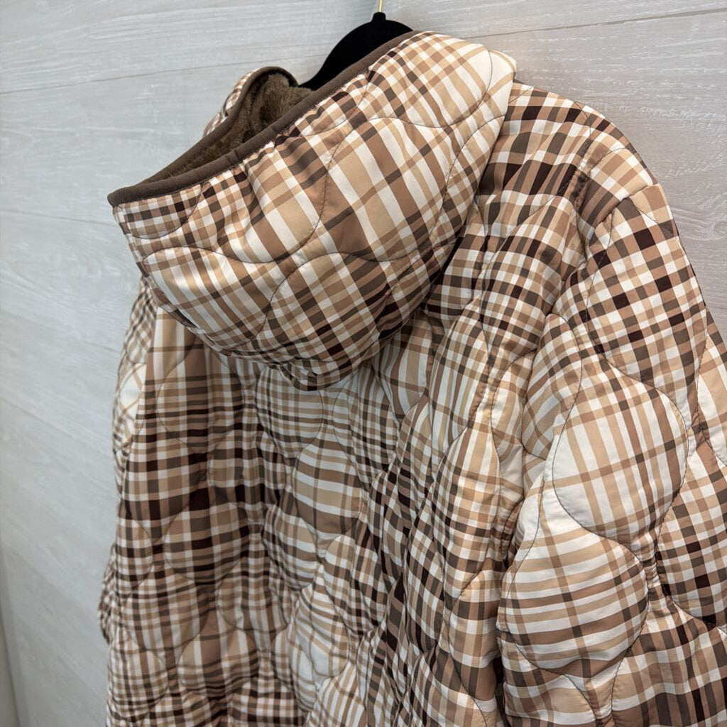 Susan Graver Brown/ White Plaid Quilted Fleece Lined Hooded Jacket 2X