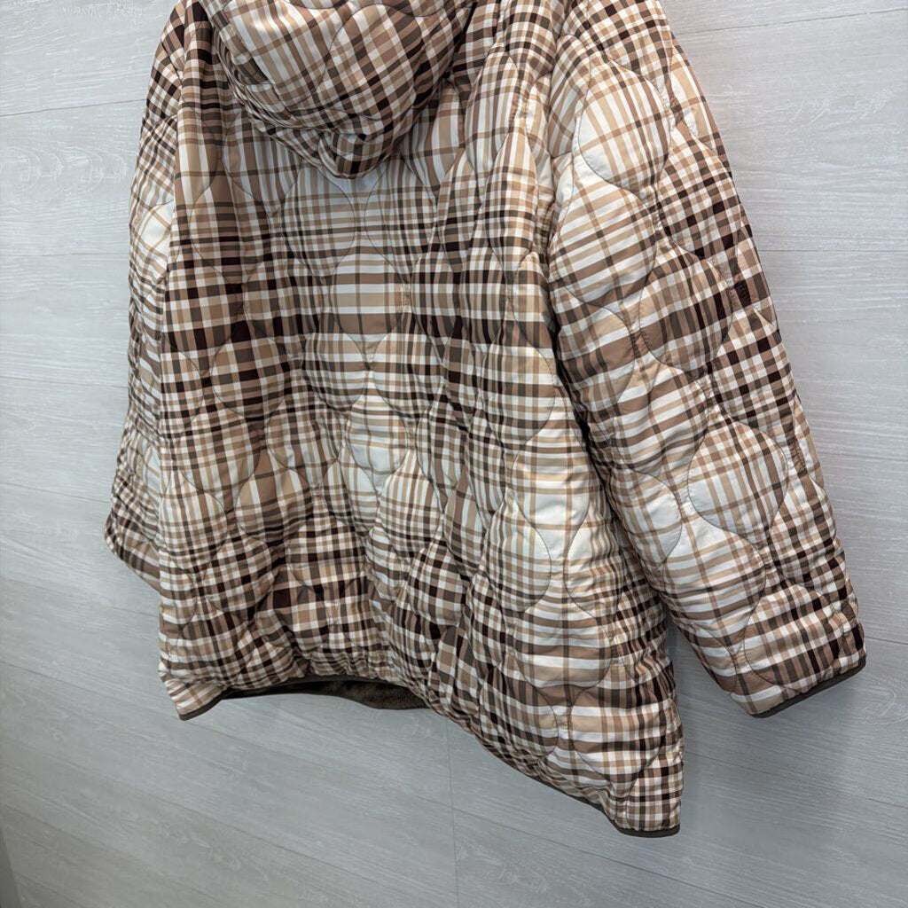 Susan Graver Brown/ White Plaid Quilted Fleece Lined Hooded Jacket 2X