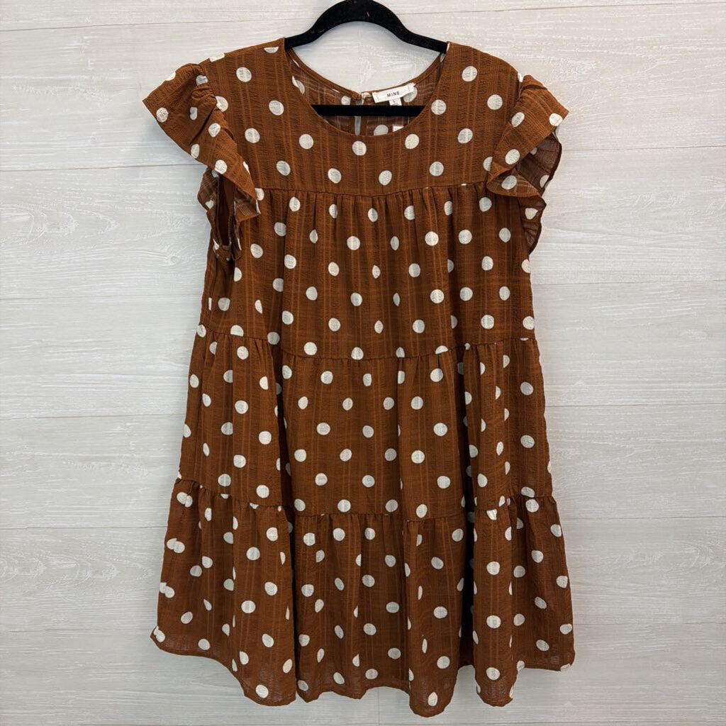 Mine Brown/ White Polka Dot Short Flutter Sleeve Dress Large