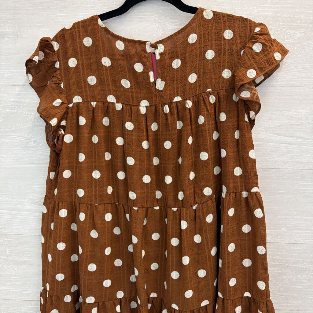 Mine Brown/ White Polka Dot Short Flutter Sleeve Dress Large