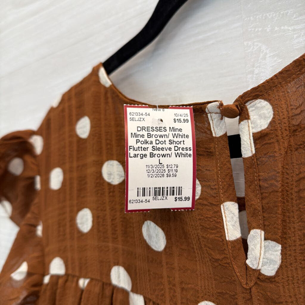 Mine Brown/ White Polka Dot Short Flutter Sleeve Dress Large