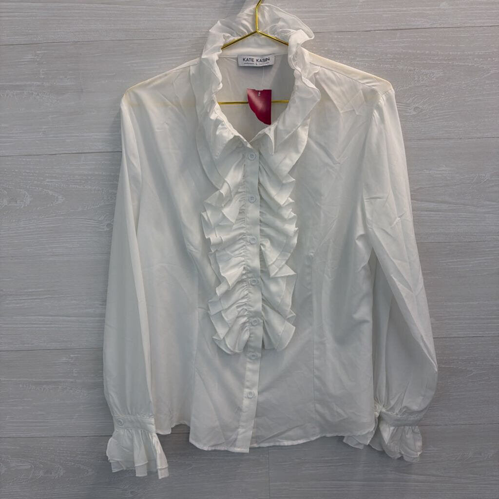 Kate Kasin White Ruffle Long Sleeve Button Front Top Large