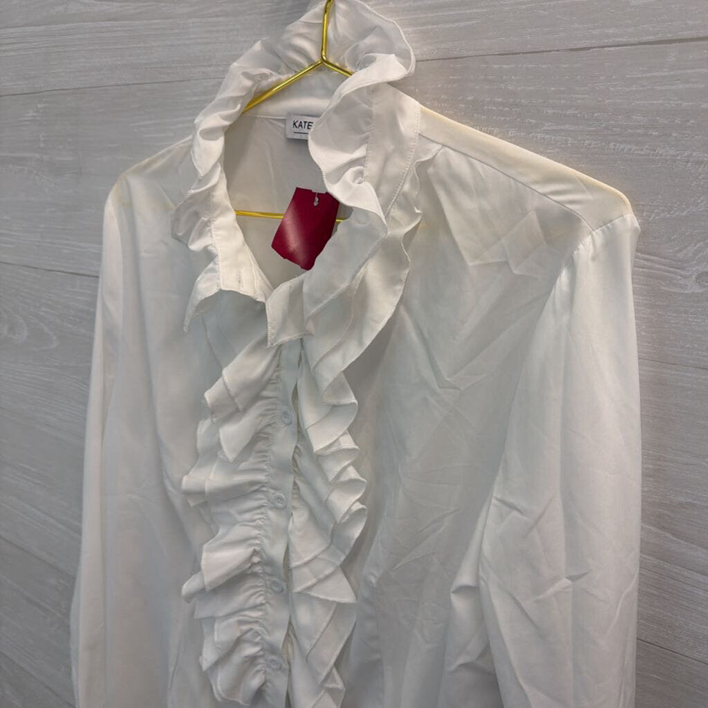 Kate Kasin White Ruffle Long Sleeve Button Front Top Large