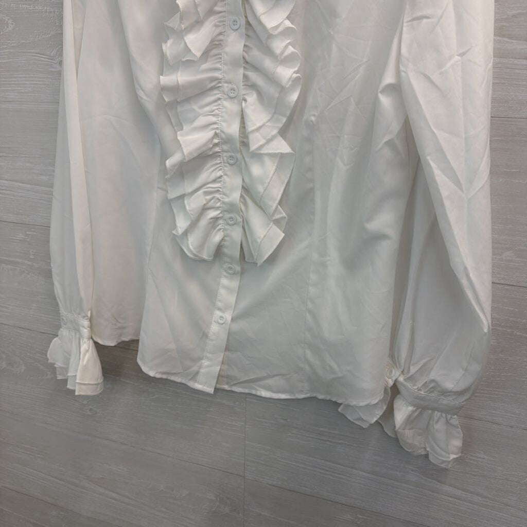 Kate Kasin White Ruffle Long Sleeve Button Front Top Large