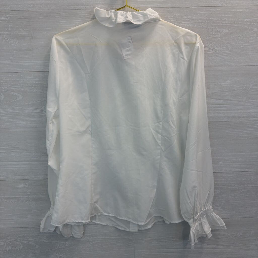 Kate Kasin White Ruffle Long Sleeve Button Front Top Large