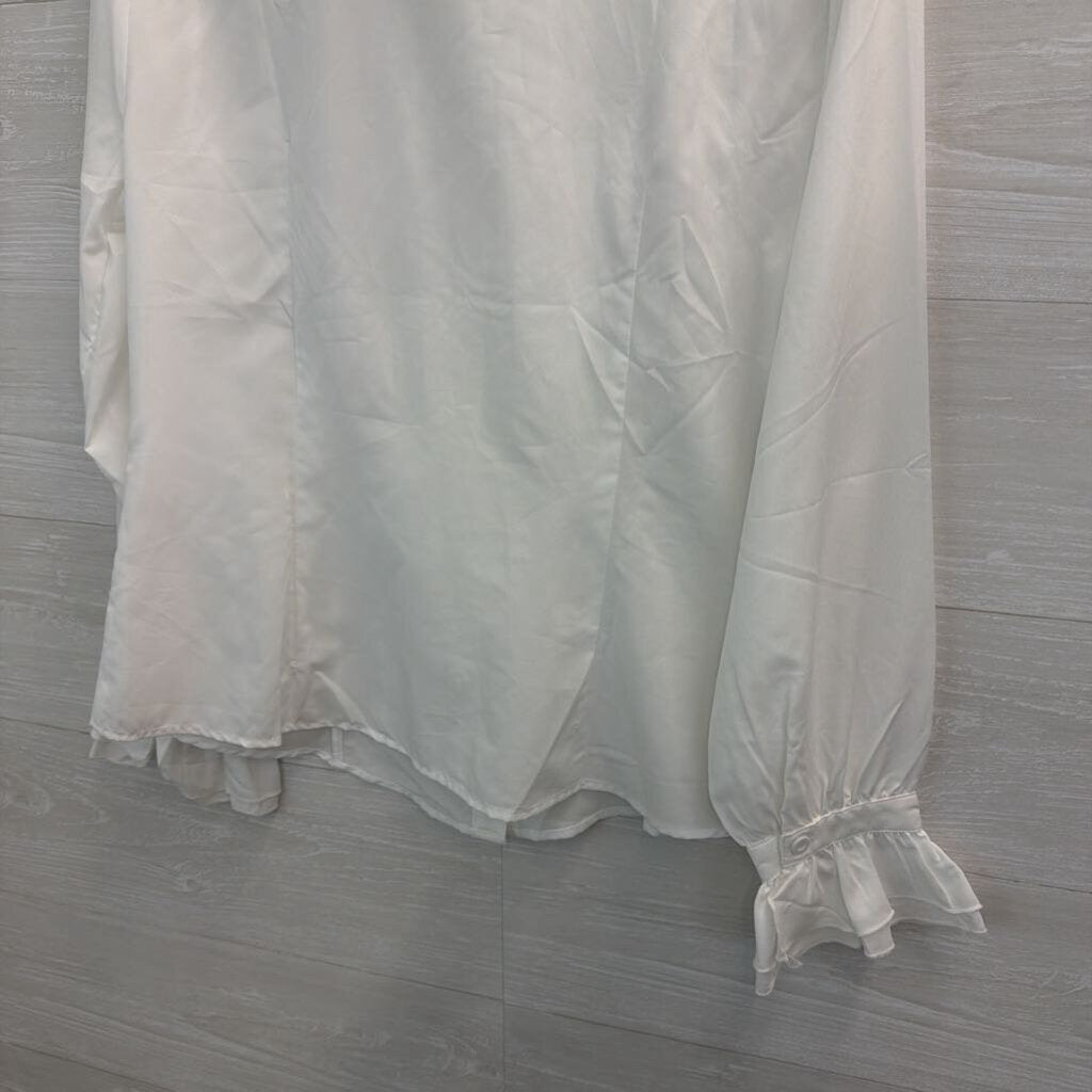 Kate Kasin White Ruffle Long Sleeve Button Front Top Large