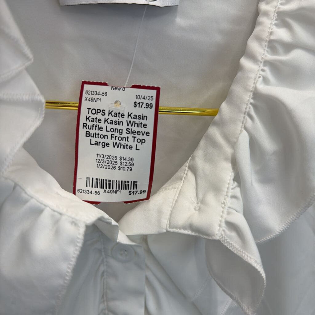 Kate Kasin White Ruffle Long Sleeve Button Front Top Large