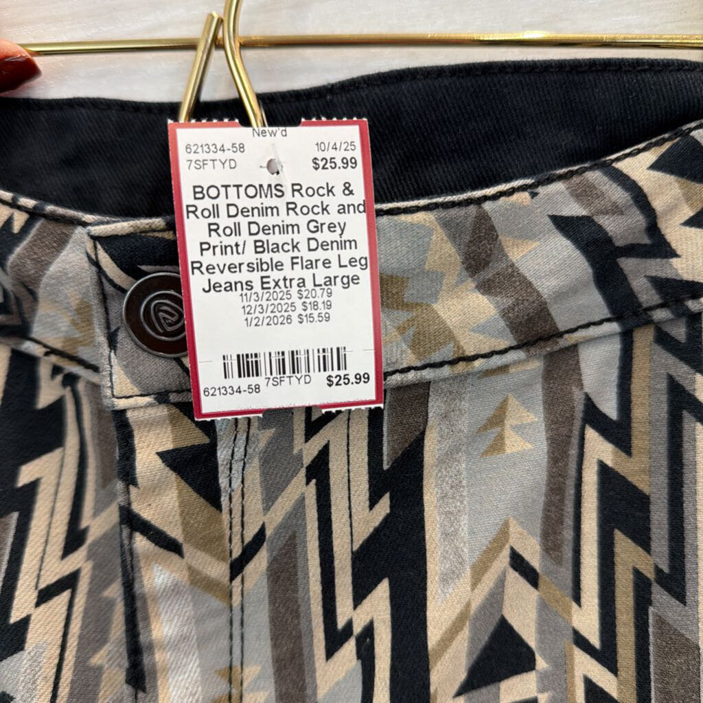Rock and Roll Denim Grey Print/ Black Denim Reversible Flare Leg Jeans Extra Large