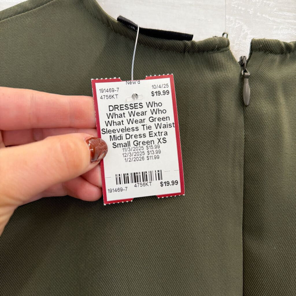 Who What Wear Green Sleeveless Tie Waist Midi Dress Extra Small