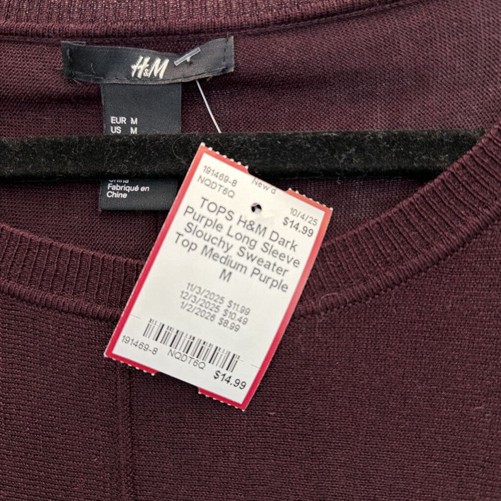 Dark Purple Long Sleeve Slouchy Sweater Top Medium
