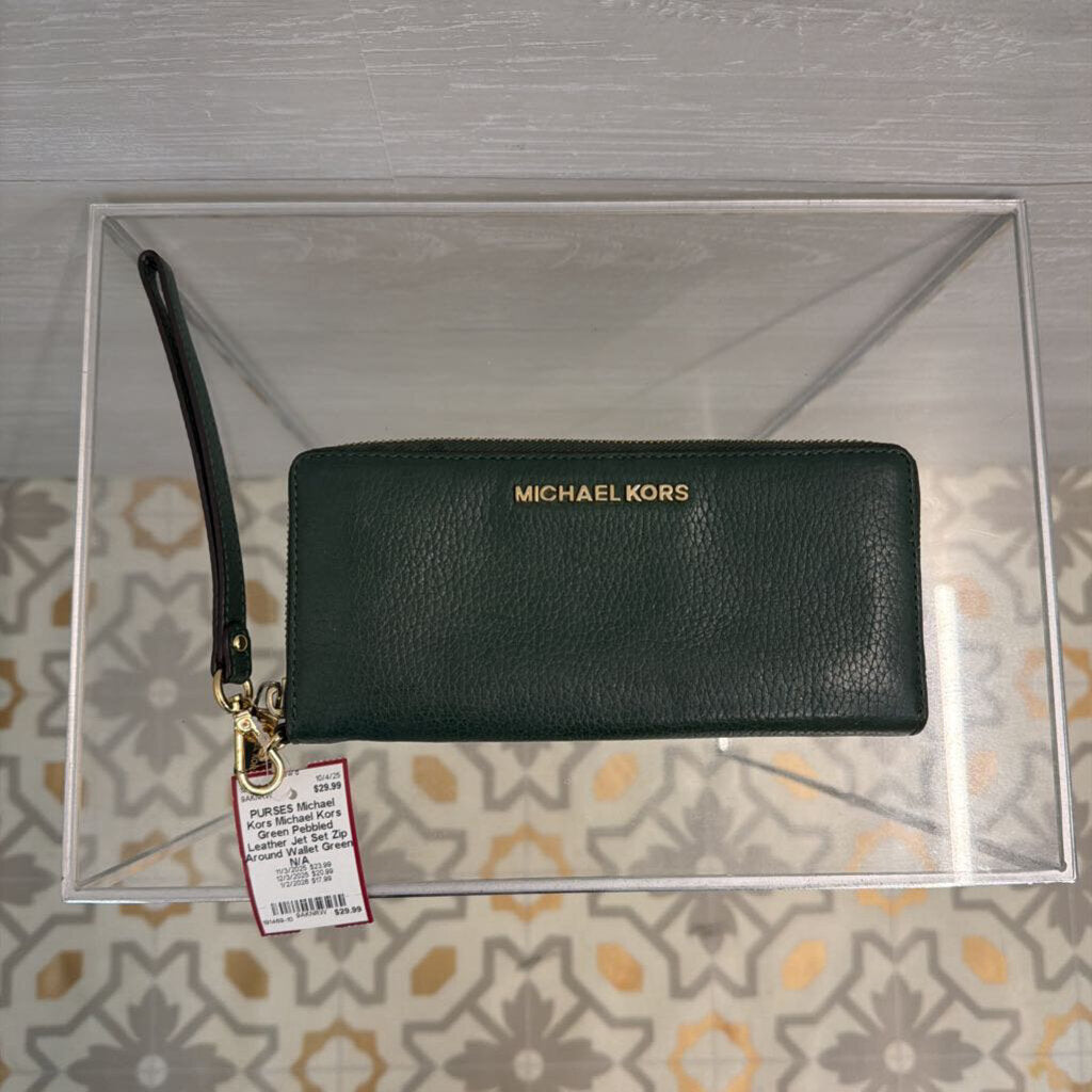 Michael Kors Green Pebbled Leather Jet Set Zip Around Wallet
