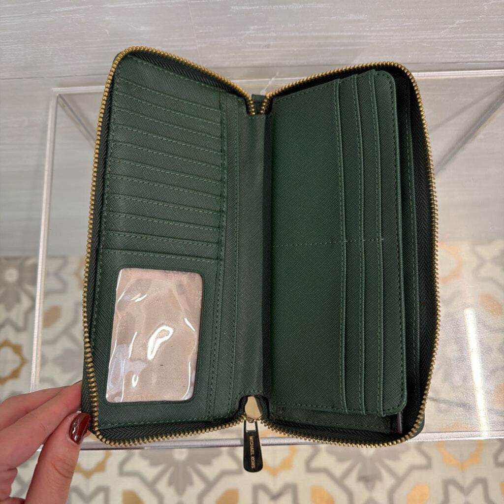 Michael Kors Green Pebbled Leather Jet Set Zip Around Wallet
