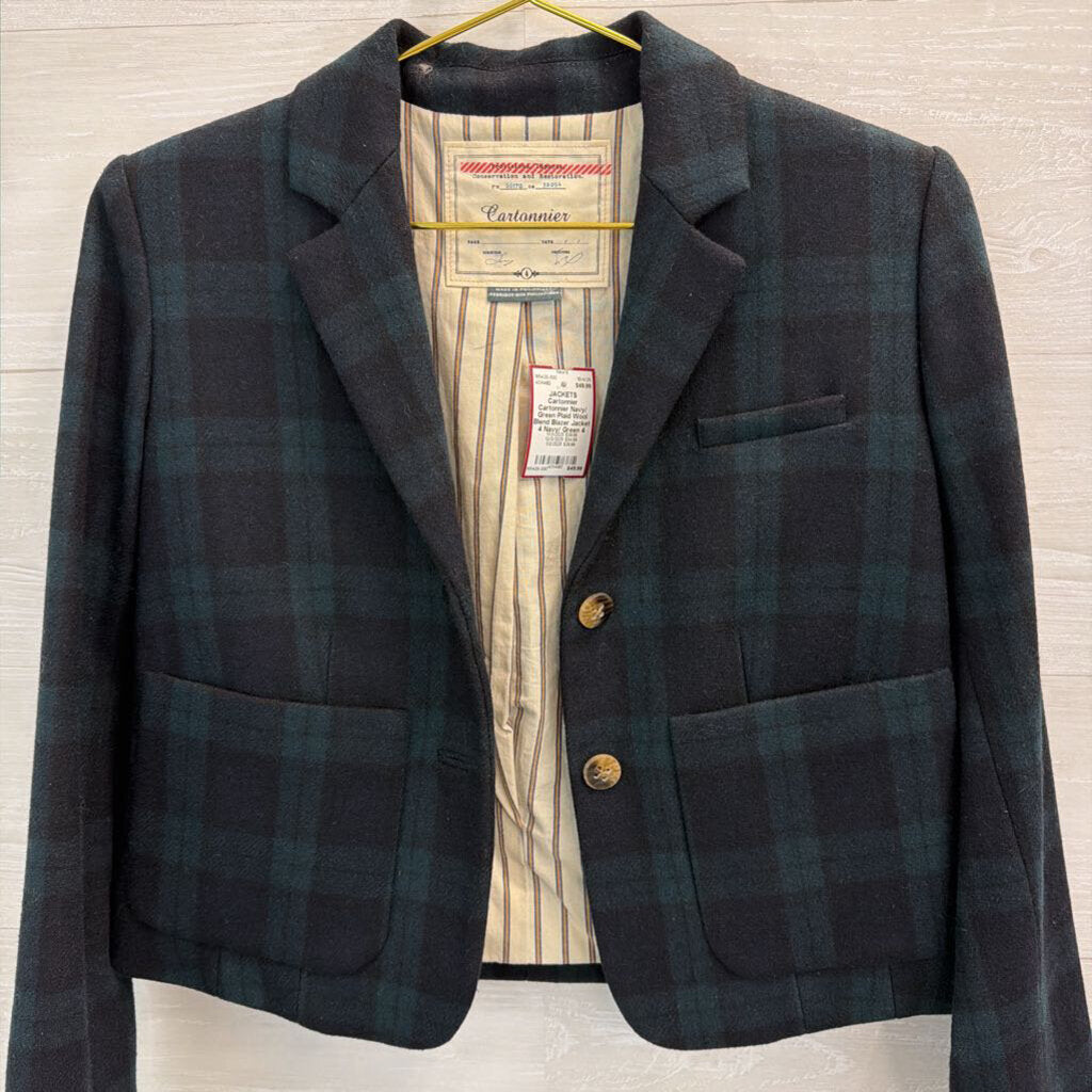 Cartonnier Navy/ Green Plaid Wool Blend Blazer Jacket 4