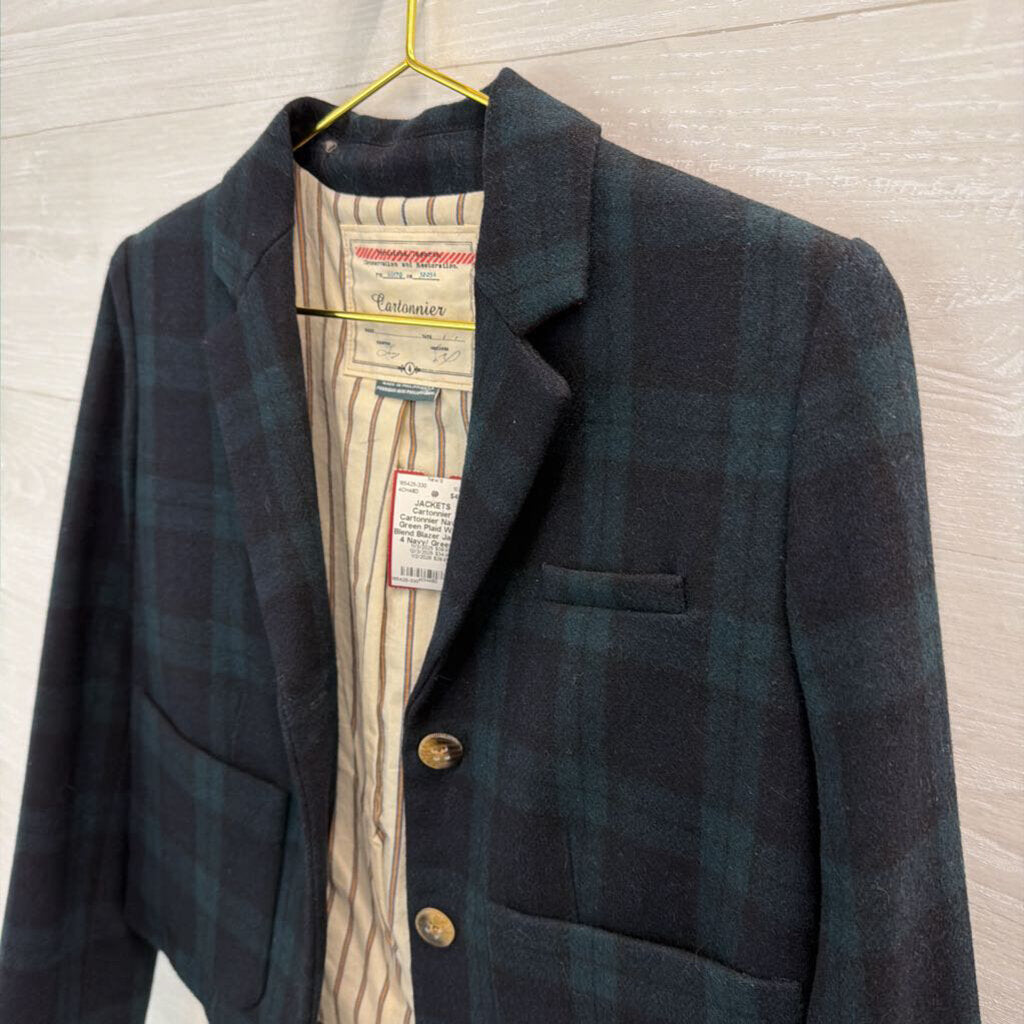 Cartonnier Navy/ Green Plaid Wool Blend Blazer Jacket 4