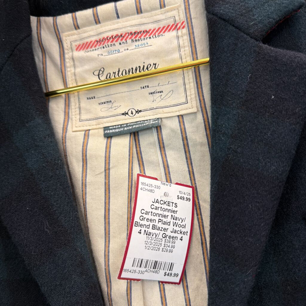 Cartonnier Navy/ Green Plaid Wool Blend Blazer Jacket 4