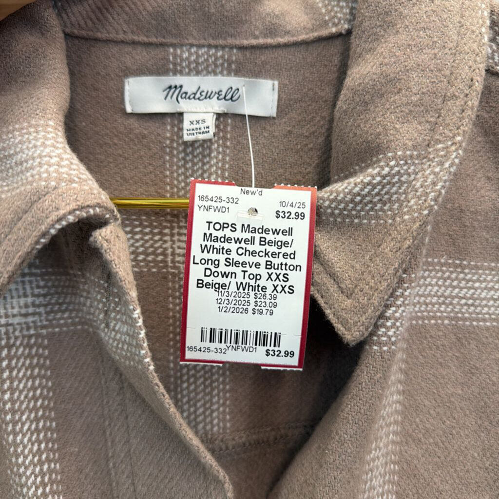 Madewell Beige/ White Checkered Long Sleeve Button Down Top XXS
