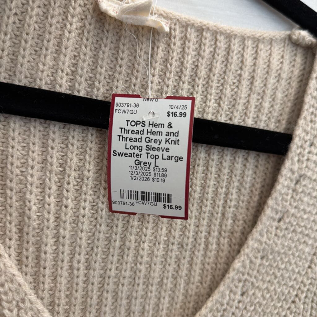 Hem and Thread Grey Knit Long Sleeve Sweater Top Large