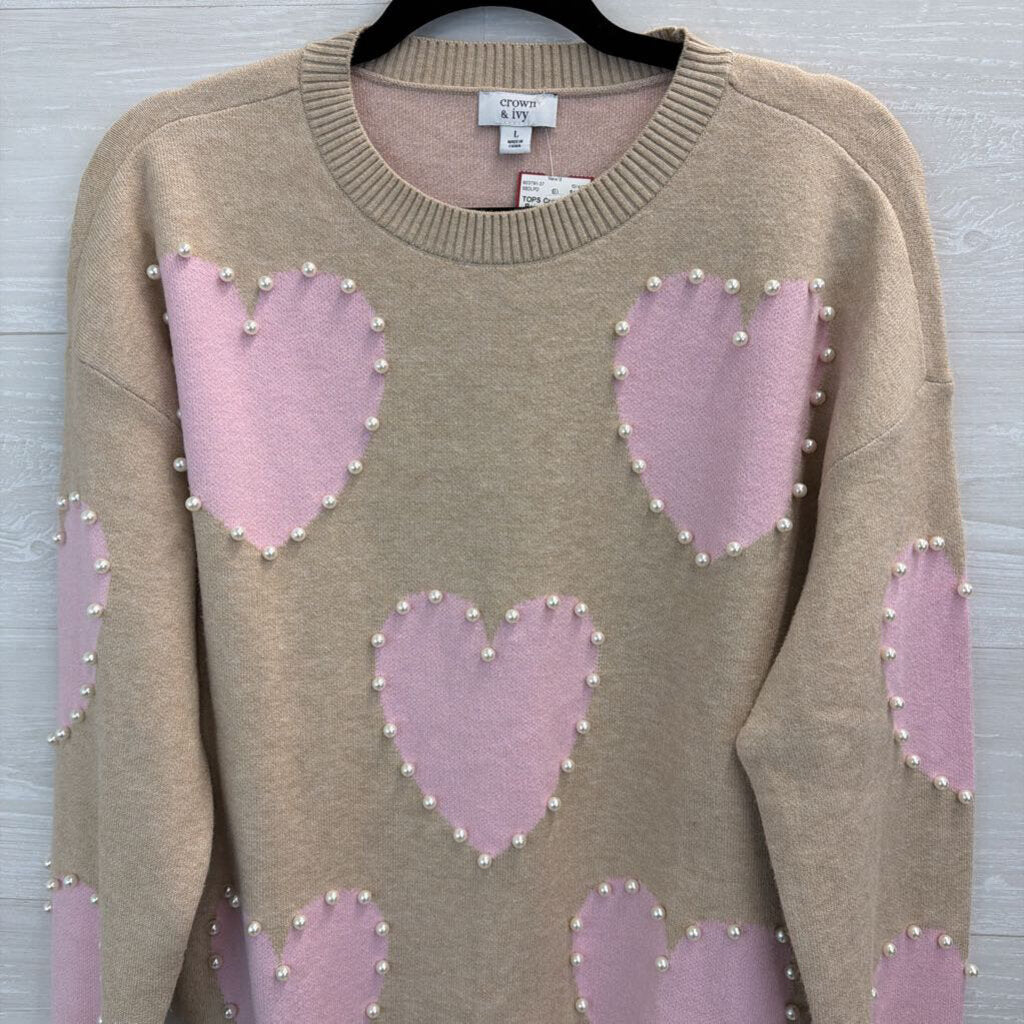 Beige/ Pink Pearl Outline Heart Print Sweater Top Large