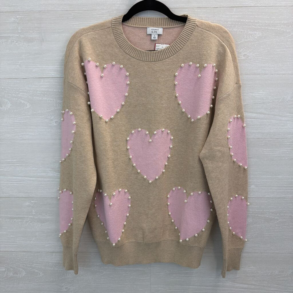 Beige/ Pink Pearl Outline Heart Print Sweater Top Large