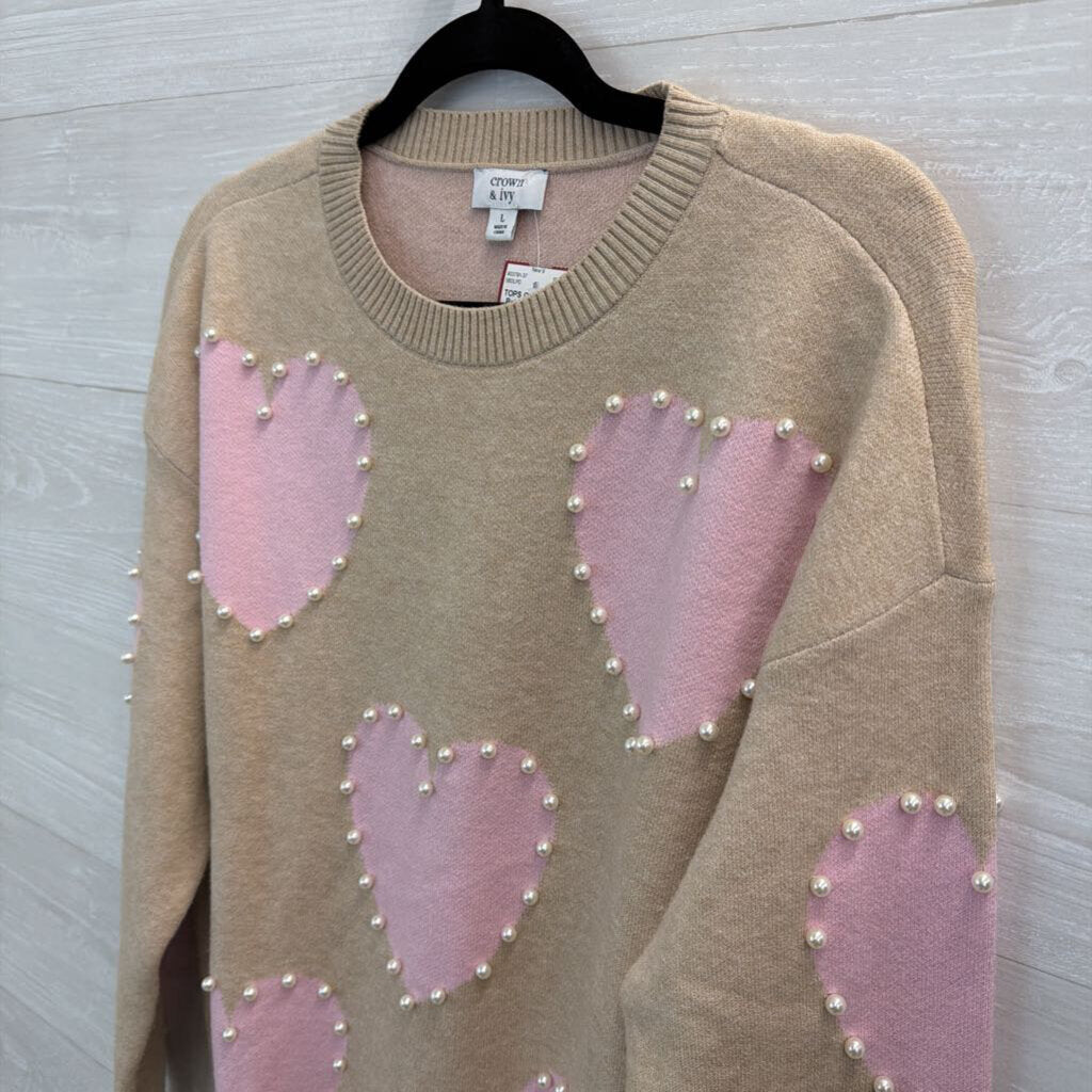 Beige/ Pink Pearl Outline Heart Print Sweater Top Large