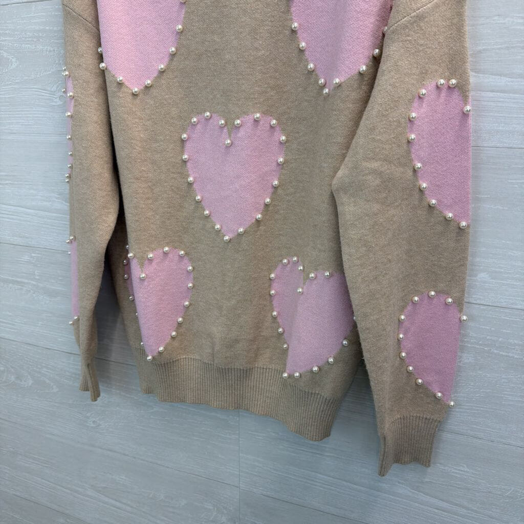 Beige/ Pink Pearl Outline Heart Print Sweater Top Large
