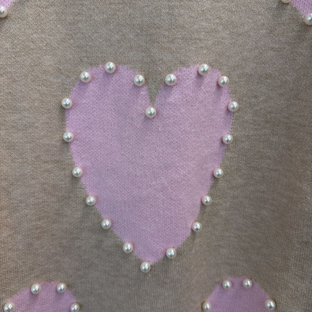 Beige/ Pink Pearl Outline Heart Print Sweater Top Large
