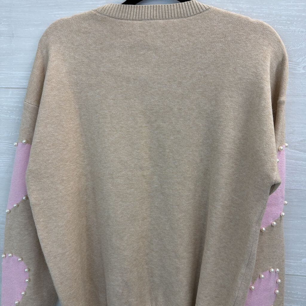 Beige/ Pink Pearl Outline Heart Print Sweater Top Large